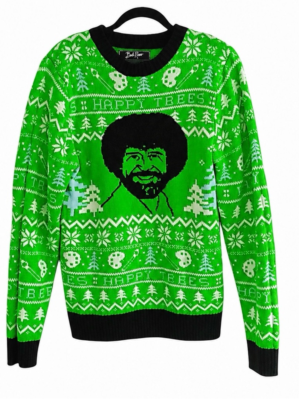 Bob Ross Happy Trees Ugly Christmas Sweater Size Medium Green Knit Pullover